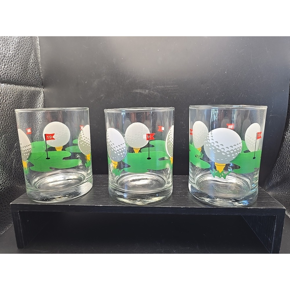 3 Indiana Glass 19th Hole Old Fashioned Set Vintage Golf Sport Novelty Retro Lot